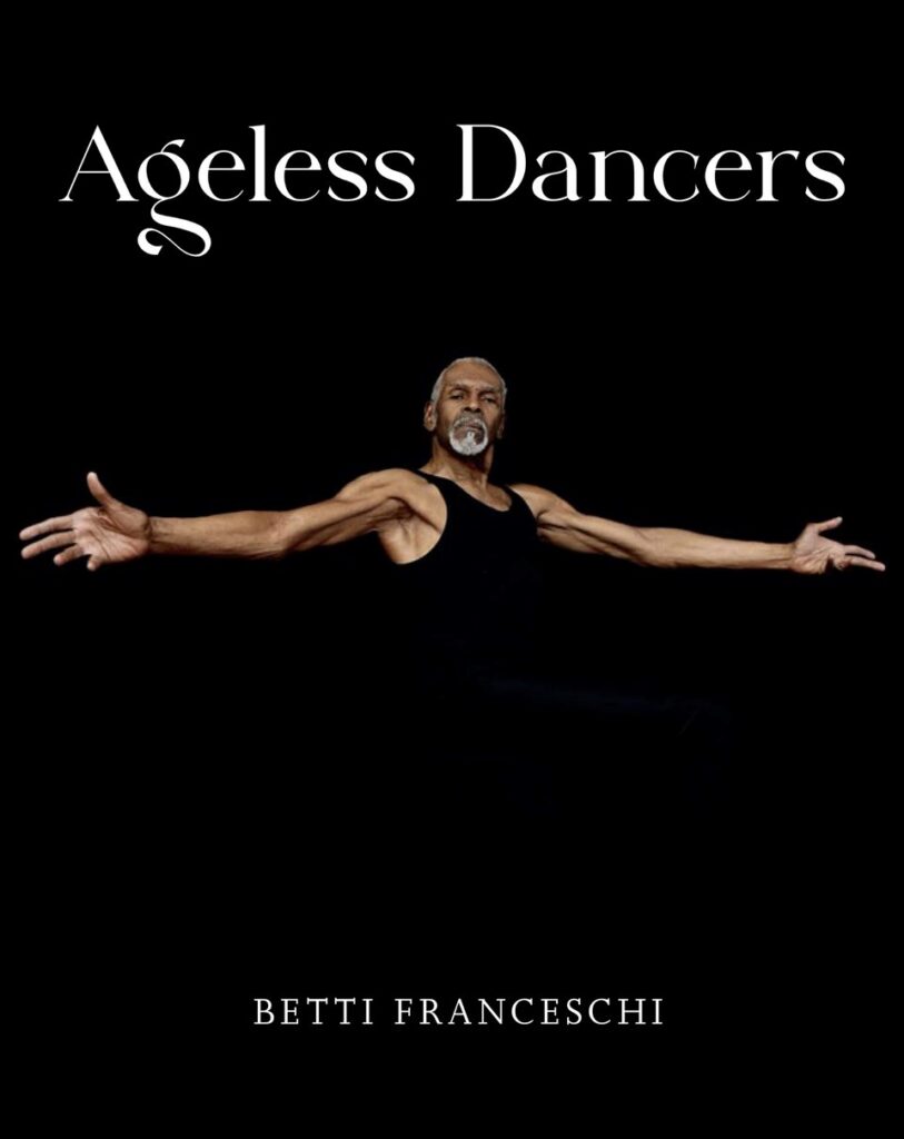 The words "ageless dancers" with a man wearing black with arms extended outwards against a black backdrop.
