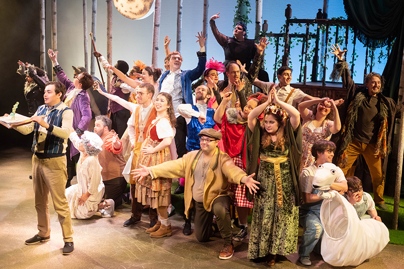 A big group of performers in costumes pose together and reach in different directions.