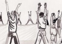 illustration of people standing in a circle with arms raised