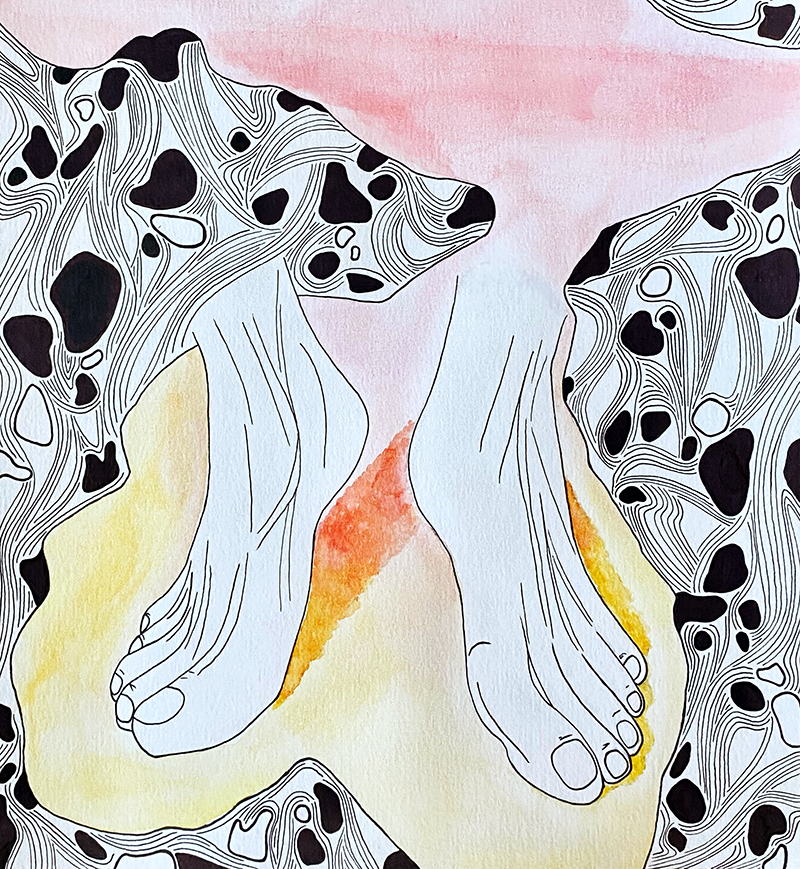 An illustration of two feet surrounded by abstract colors and shapes.